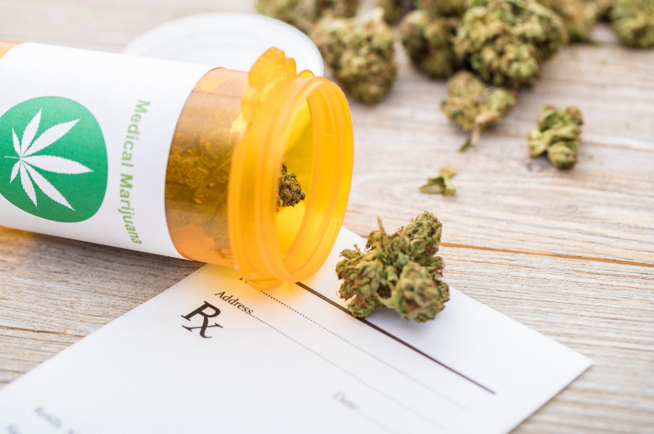 Marijuana buds spilling out of prescription bottle on top of Rx pad